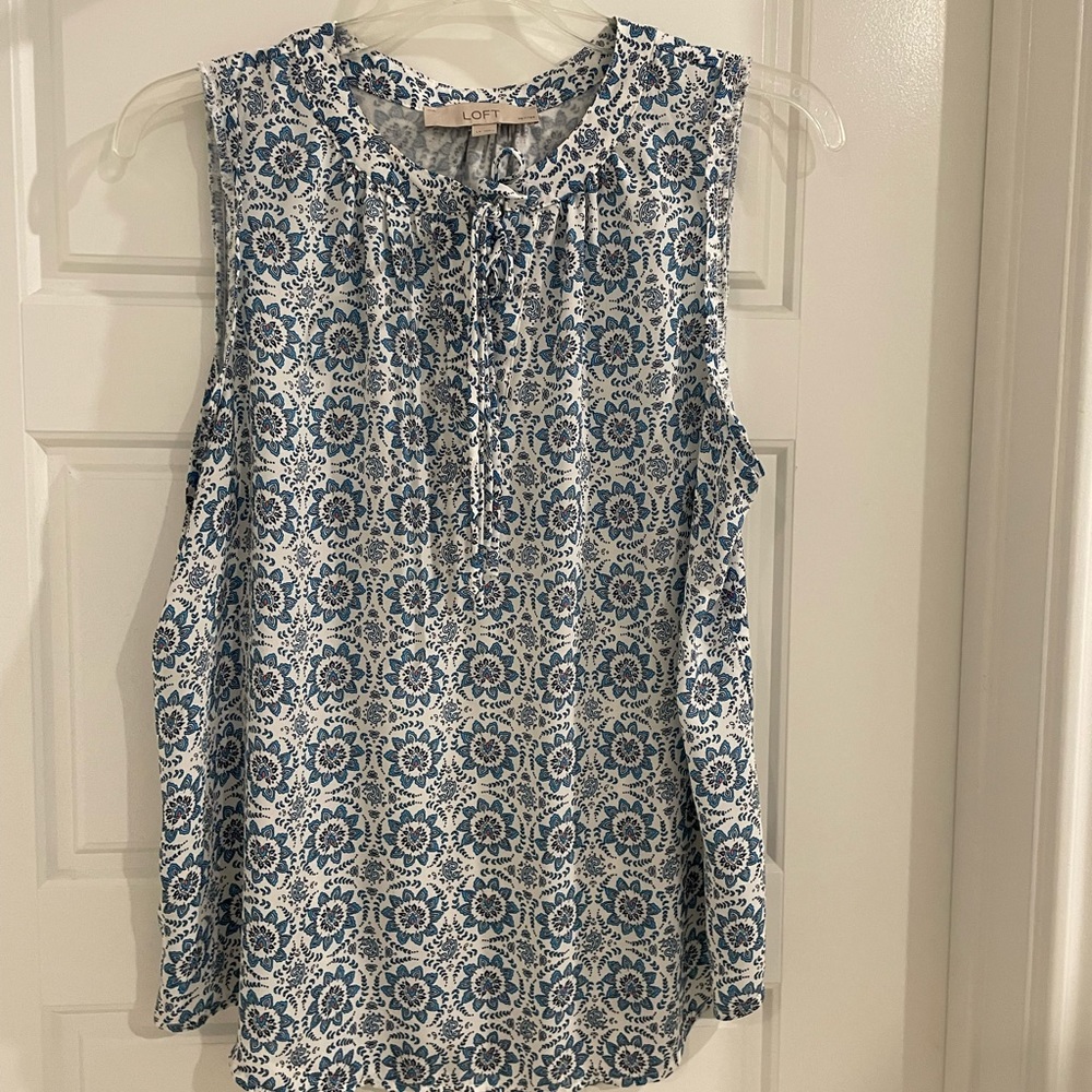 LOFT Blue and White Floral Sleeveless Tie-Neck Top